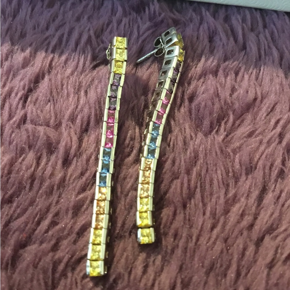 Vintage Solid Sterling Silver Natural Gemstone Line Earrings